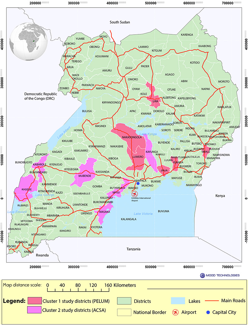 Map of Uganda showing RA Pure Innovators Locations
