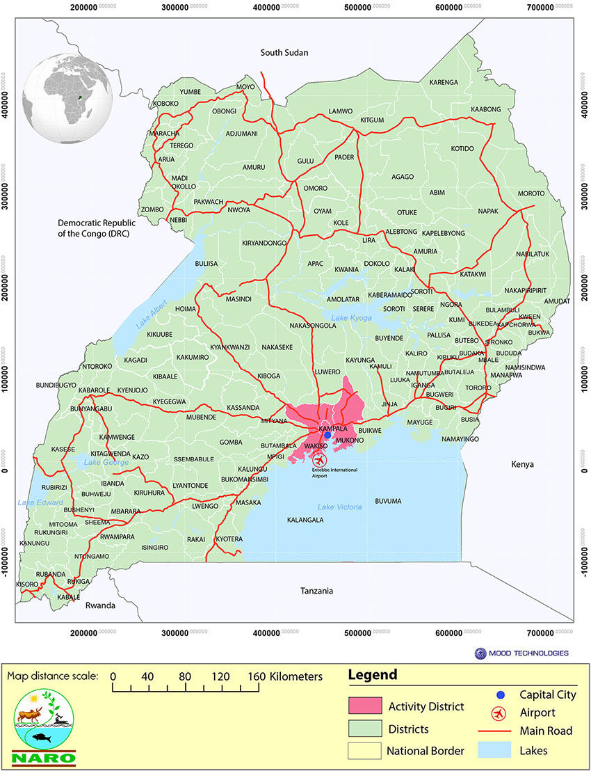 Map of Uganda showing Composite Flour study districts
